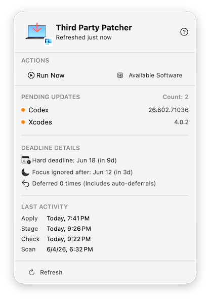 Full PatcherMenu popover — overview