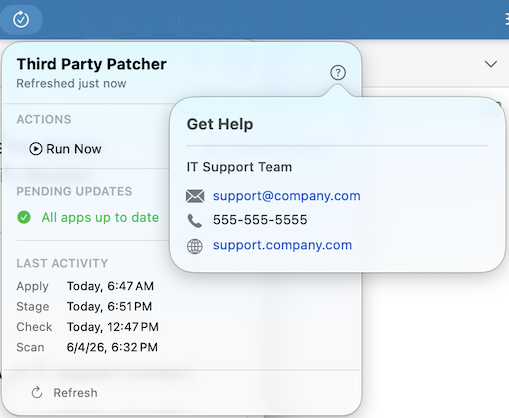 Support Info panel