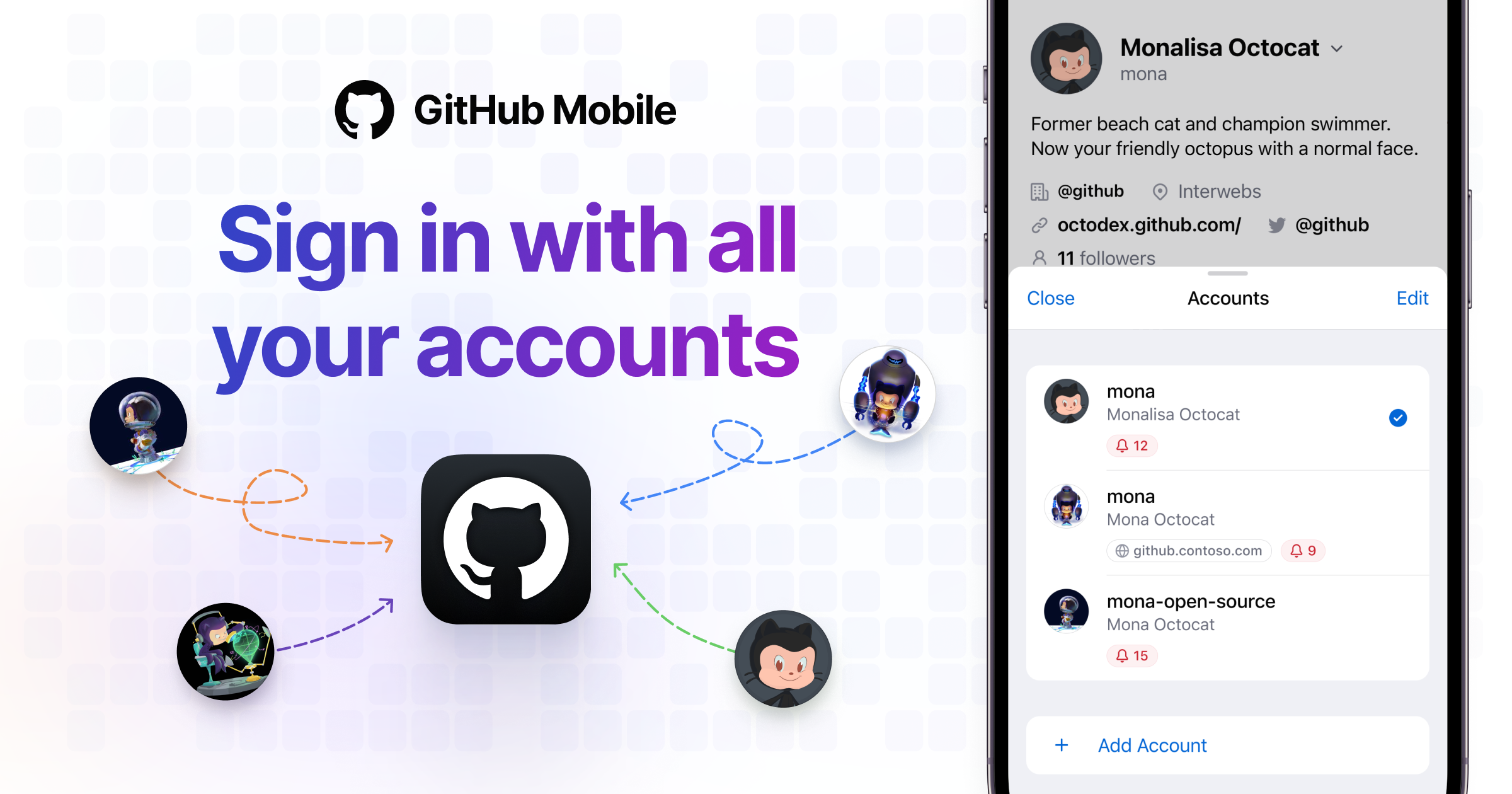 Banner announcing multiple account support on GitHub mobile, showing multiple avatars within the account switcher