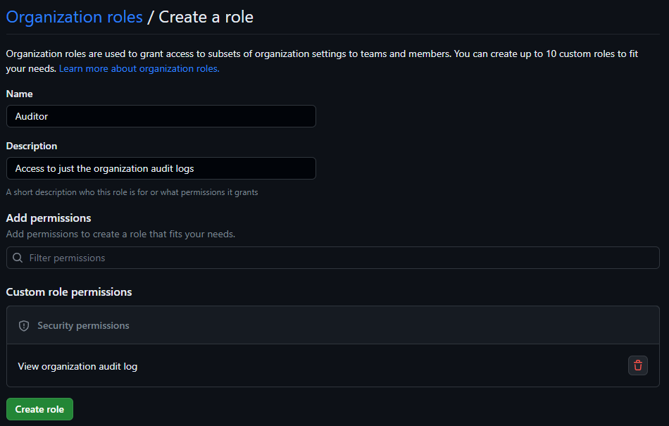 A screenshot of the role creation page, with a new role called "Auditor" that grants access to just the audit log permission.
