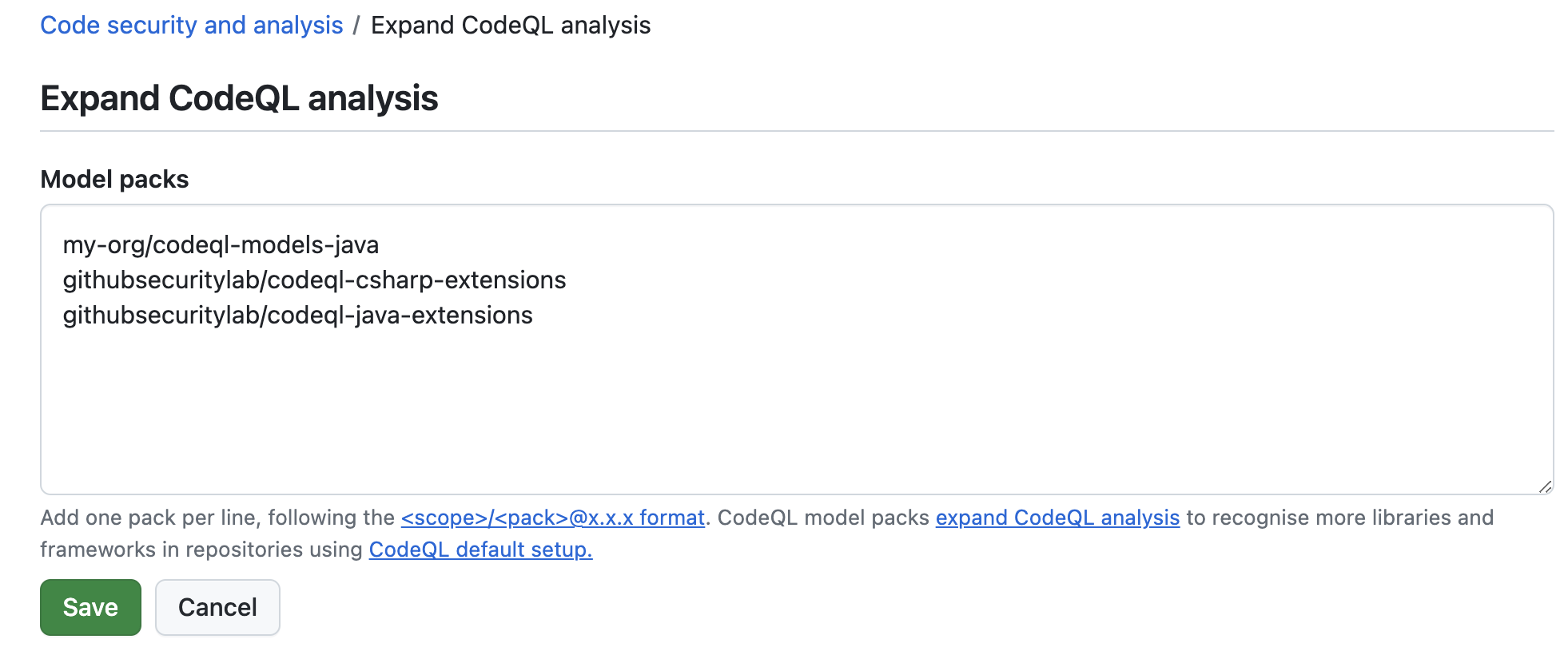 Configuring CodeQL model packs in the organisation code security and analysis settings