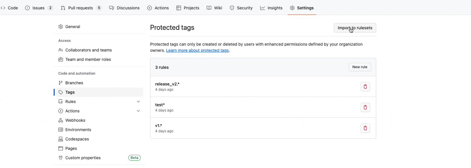 GIF of importing tag protection rules to repo rules.