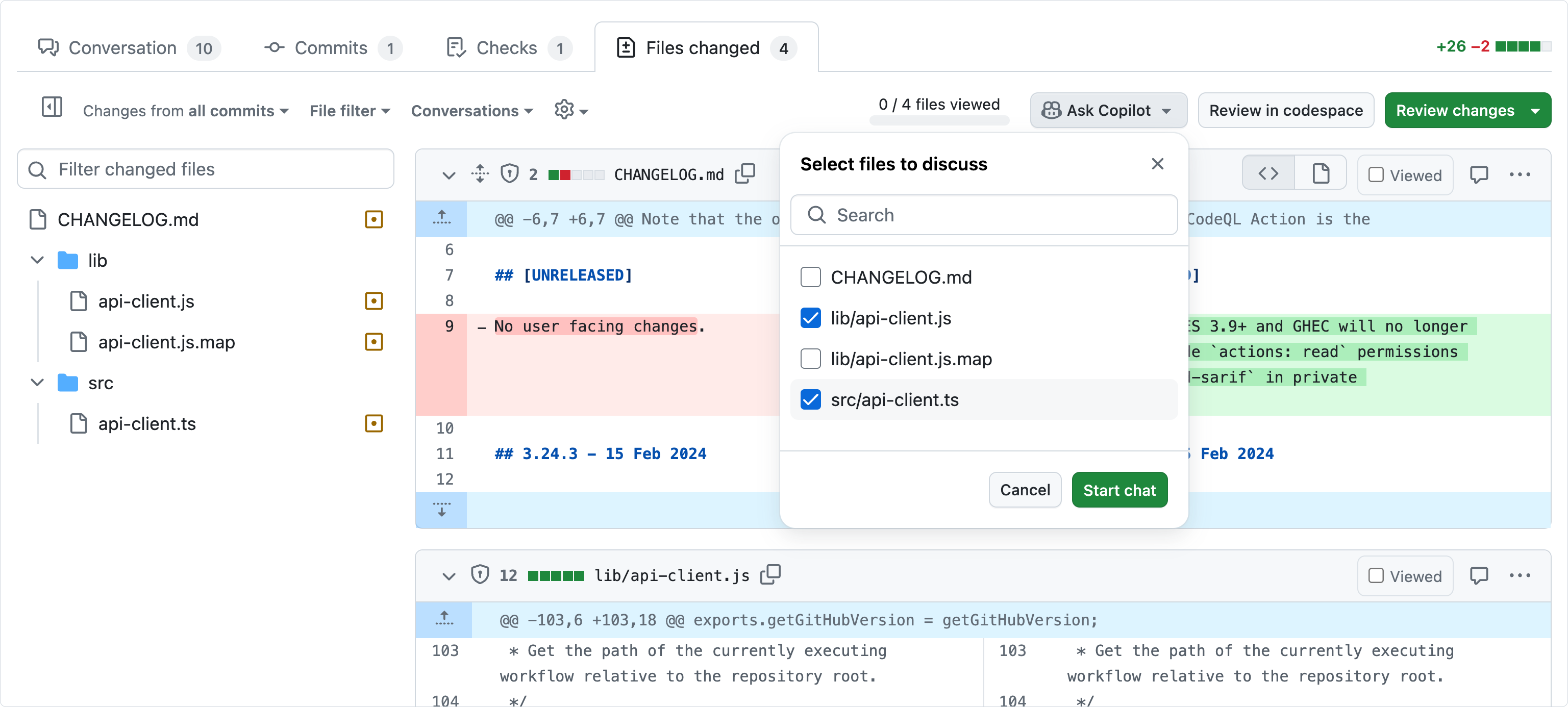 GitHub Copilot in Pull Request files changed view