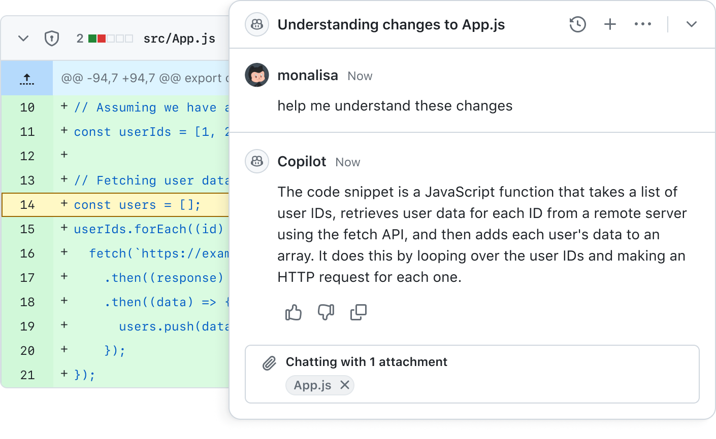 Example conversation demonstrating how GitHub Copilot can explain and improve pull request diffs