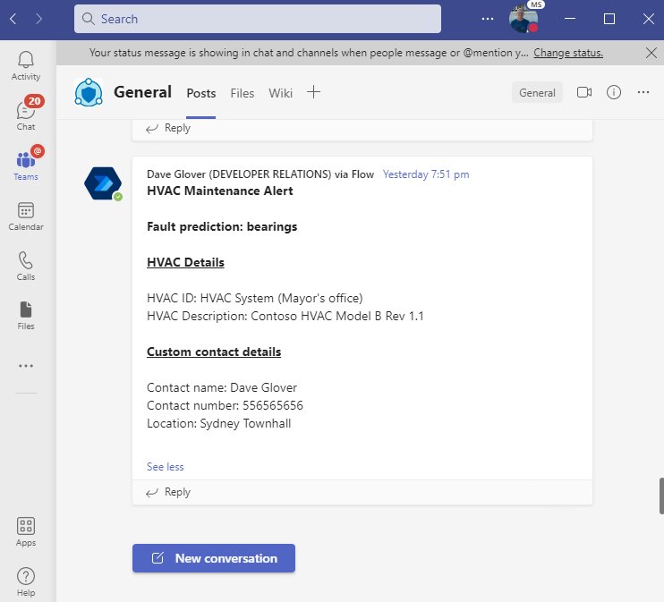 This image shows predictive maintenance request in Microsoft teams