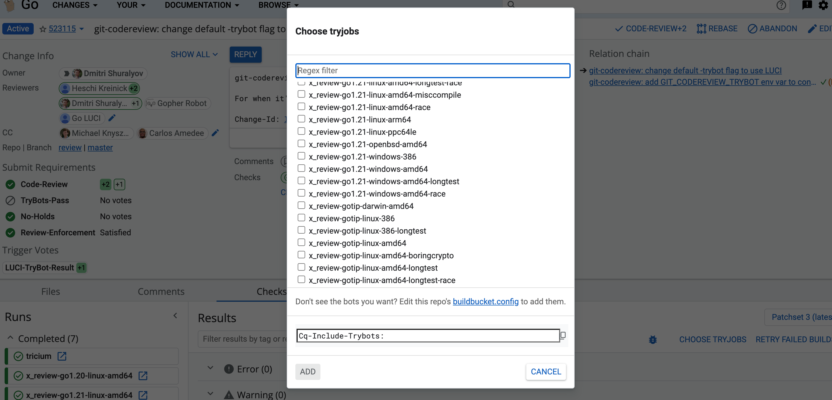 An example of the Choose Tryjobs dialog.