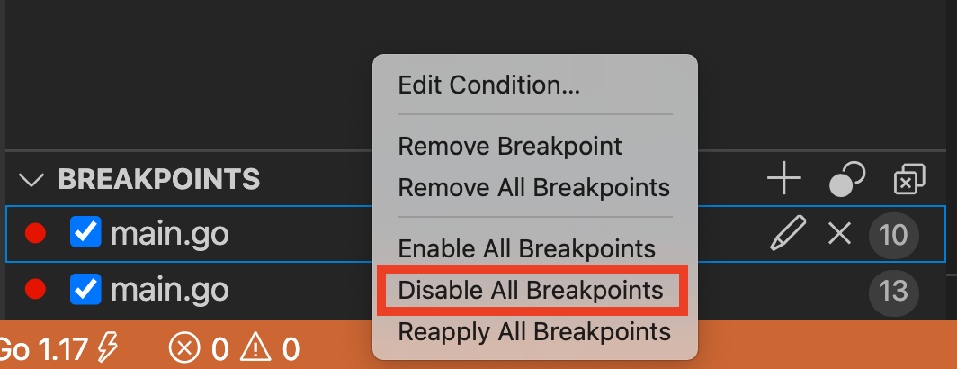 Disable breakpoints from the Breakpoints context menu