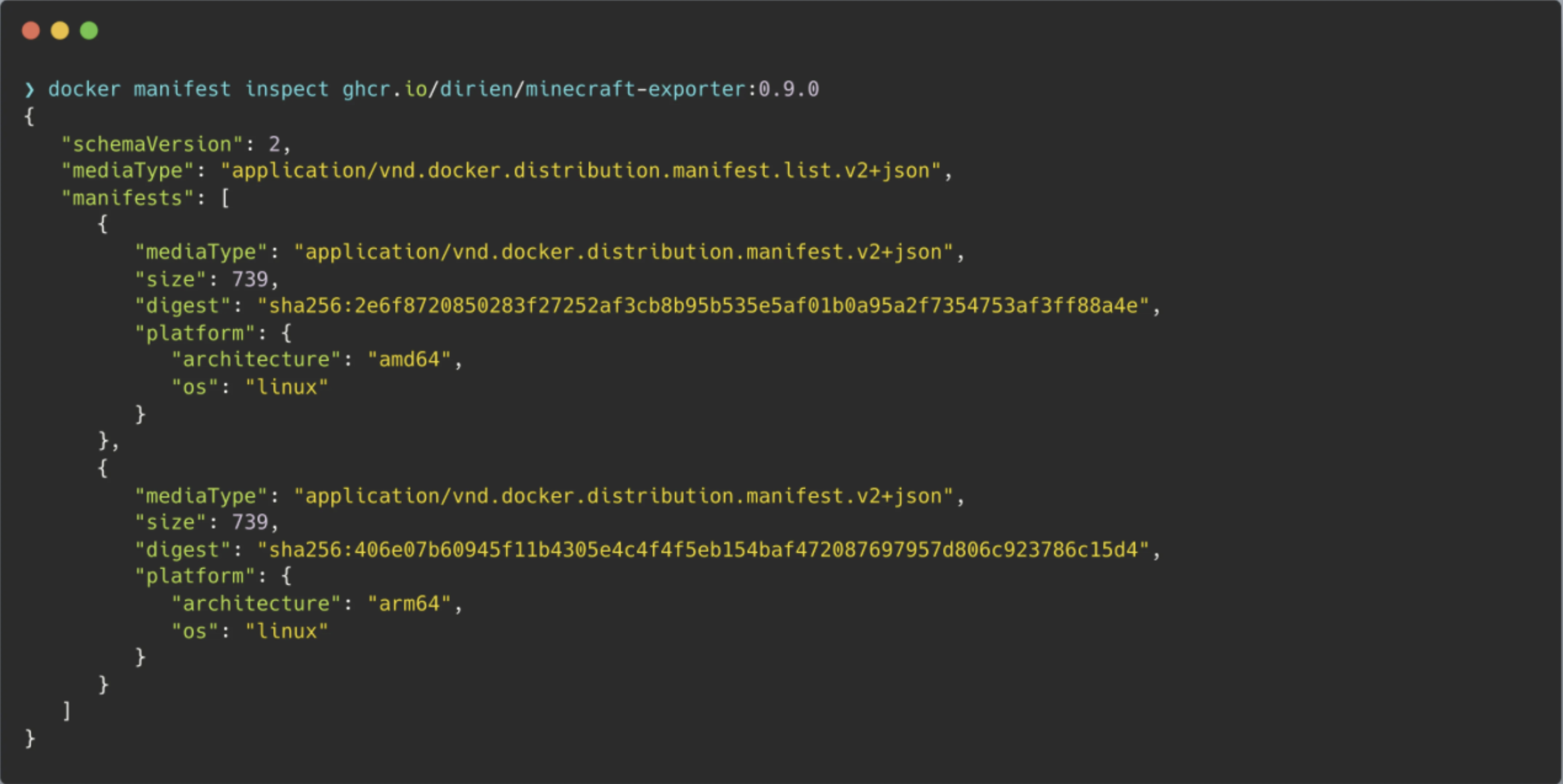 Example output of the docker manifest inspect command
