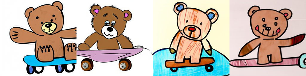 A teddy bear on a skateboard, children drawing style..png