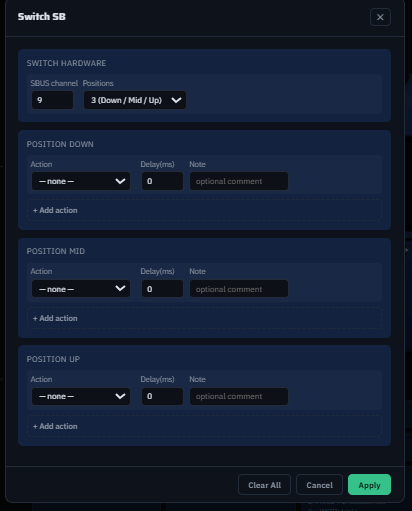 A 3‑position switch's editor — its SBUS channel and the per‑position action lists