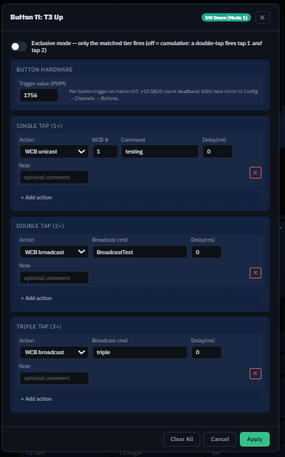 A button's mapping editor — the single / double / triple tap tiers with their actions, and the exclusive vs cumulative toggle