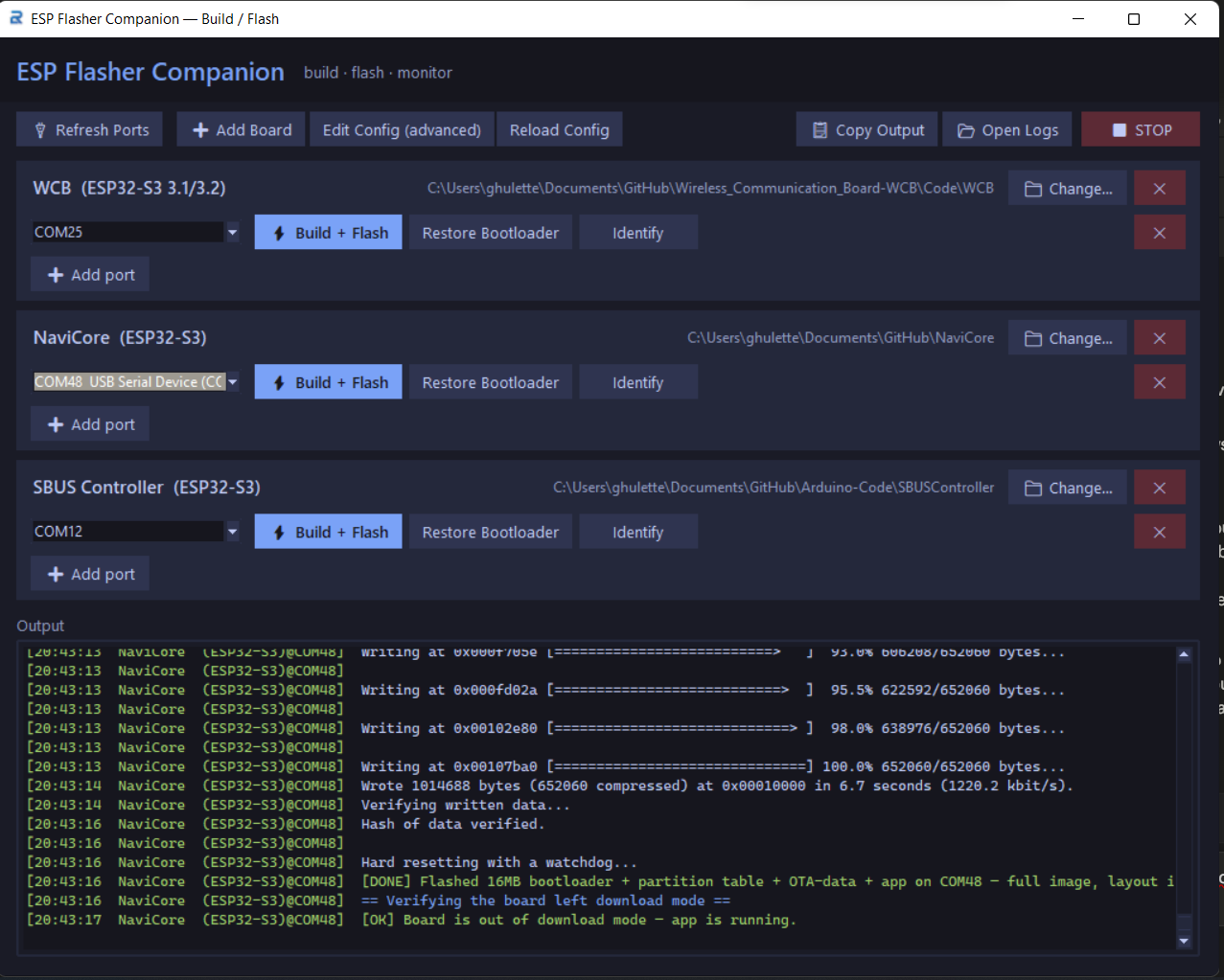 The ESP Flasher Companion desktop app — per‑board Build+Flash / Restore Bootloader / Identify for WCB, NaviCore, and SBUS Controller, with a live flash log