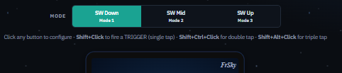The mode selector (1 · 2 · 3) — the active mode decides which of the three action layouts a control uses