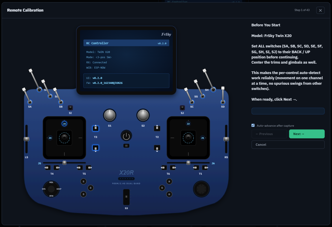 The Calibrate RC wizard — steps through every control (here step 1 of 43) with a live SBUS readout, Auto‑advance after capture, and Next / Previous / Force Capture controls