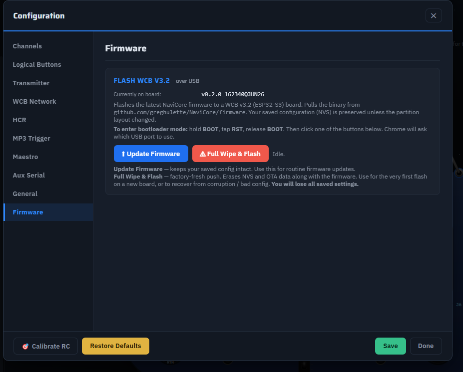 Config → Firmware tab — the in‑browser flasher: current on‑board version, Update Firmware (keeps config) vs Full Wipe & Flash