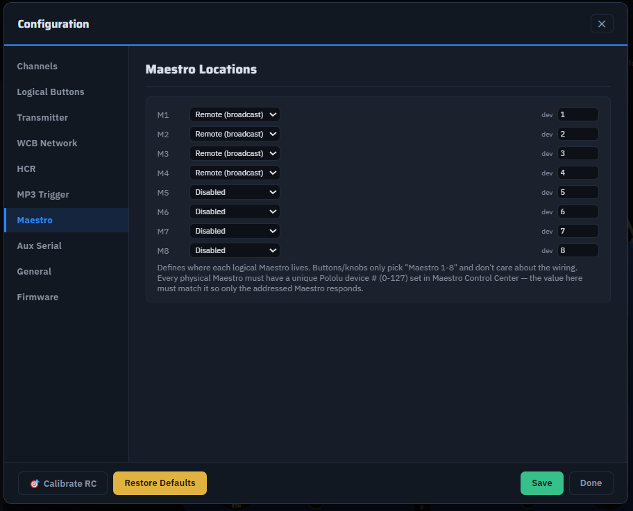 Config → Maestro — each slot's Disabled / Local / Remote location and its device number