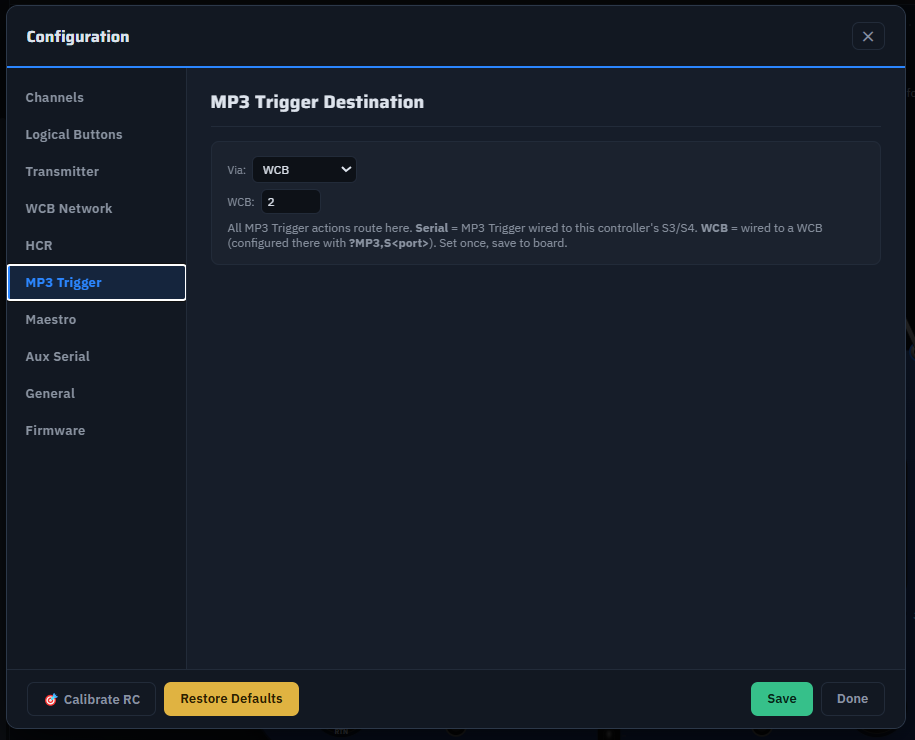 Config → Audio — the global MP3 Trigger and DFPlayer destinations