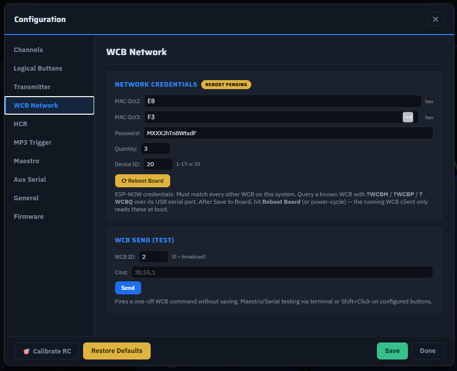 Config → WCB Network — ESP‑NOW credentials and this controller's device ID