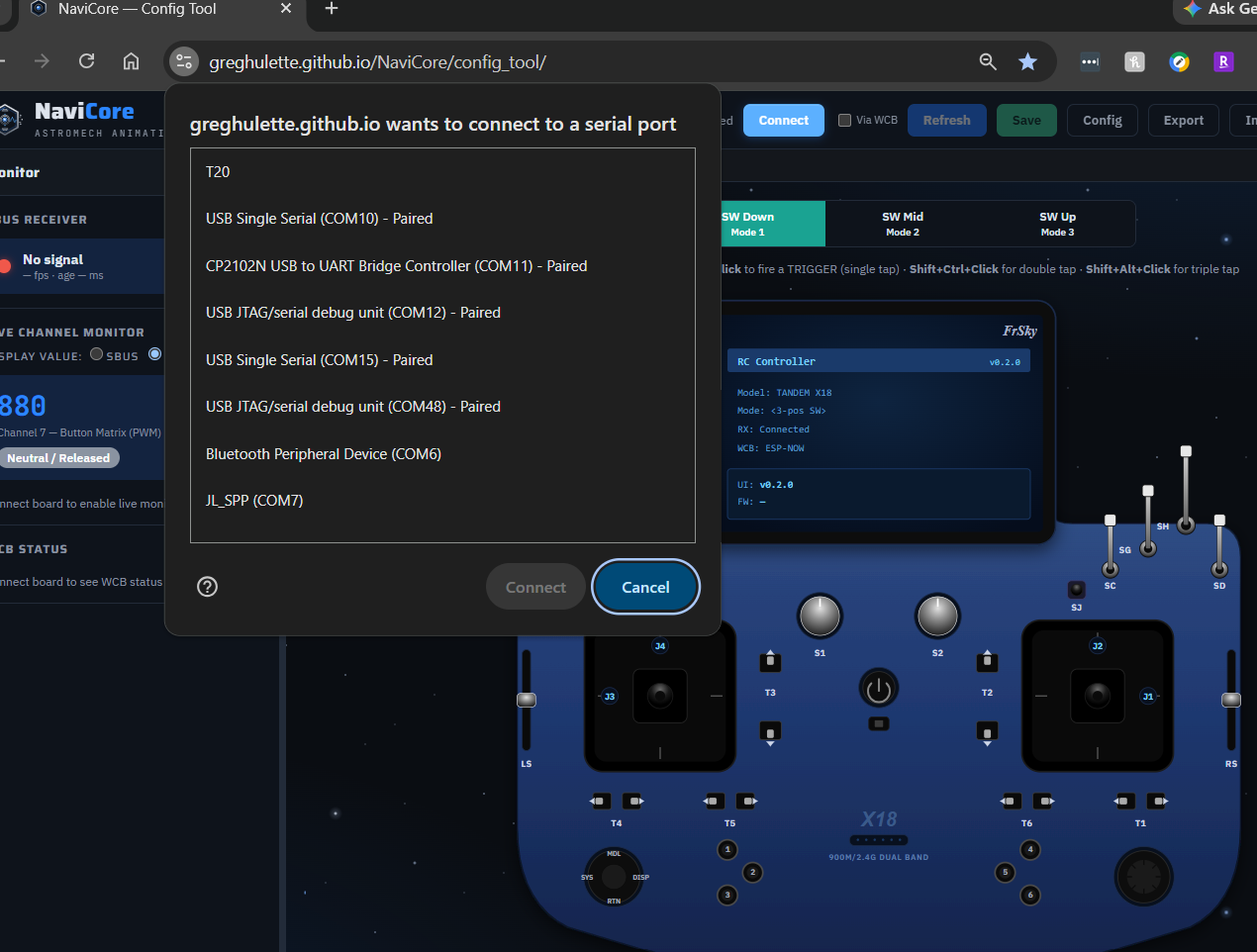 Chrome's Web Serial port picker — choose the board's COM port to connect