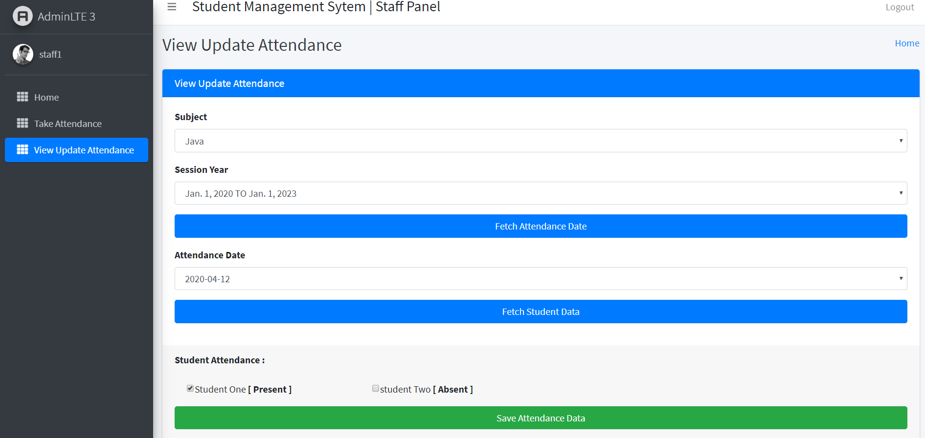 Staff View and Update Attendance Page