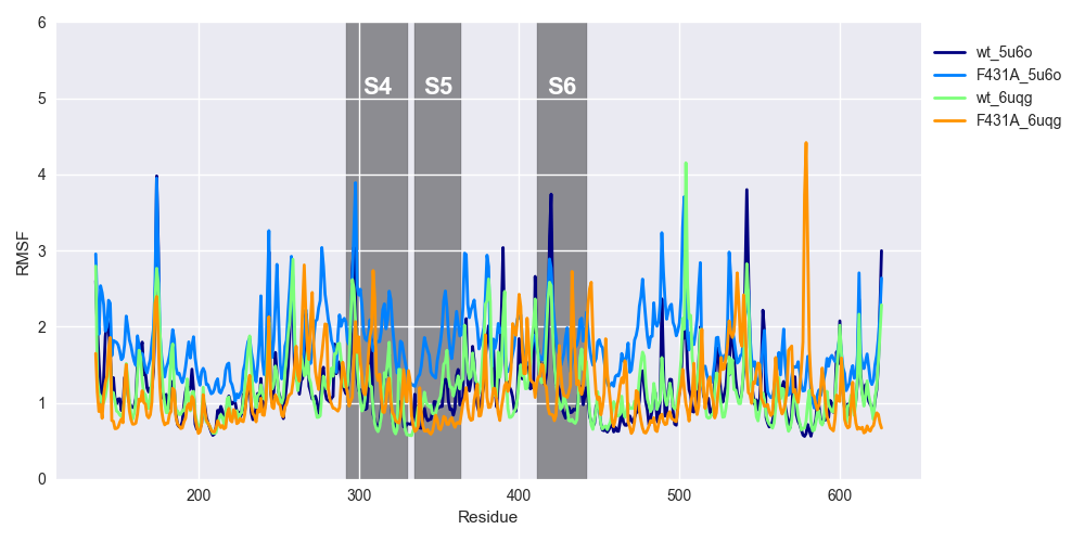 RMSFs of WT and F431A HCN2 channels..