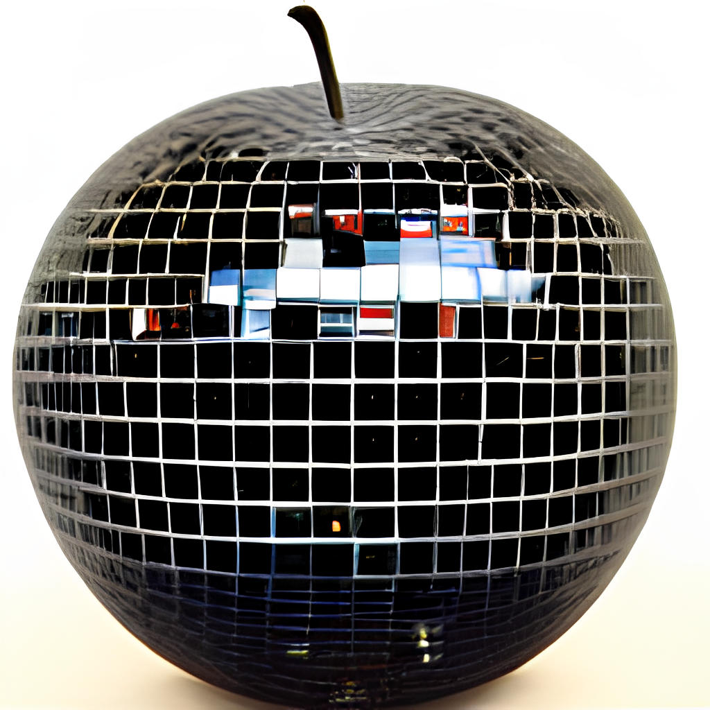 A photograph of an apple that is a disco ball, 85 mm lens, studio lighting