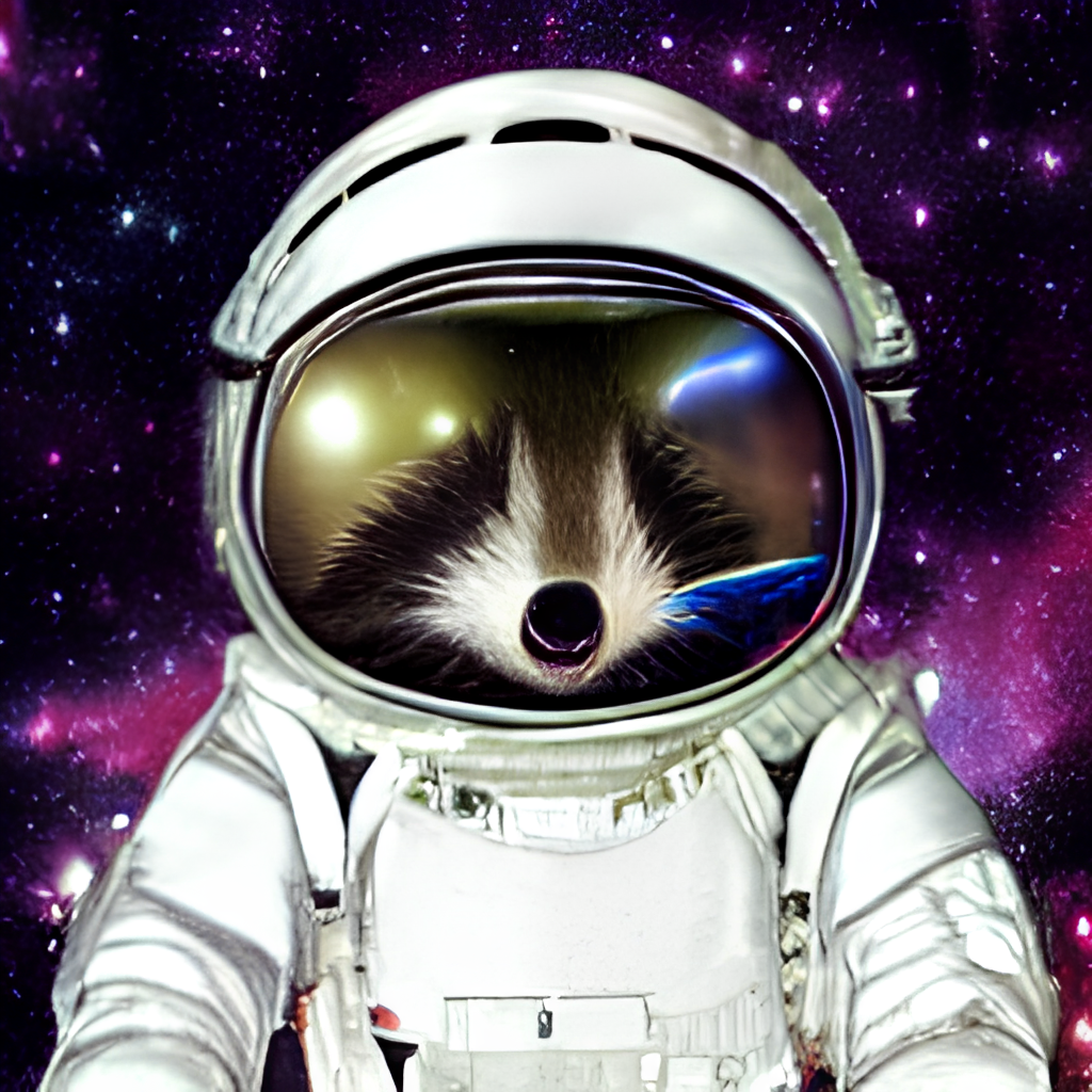 A raccoon astronaut with the cosmos reflecting on the glass of his helmet dreaming of the stars, digital art