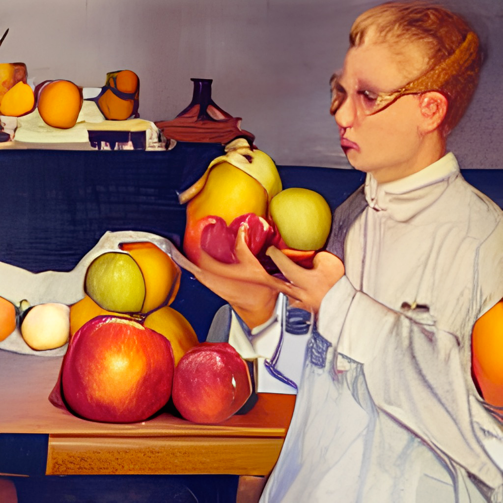 A scientist comparing apples and oranges, by Norman Rockwell