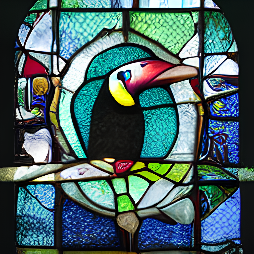 A stained glass window of toucans in outer space