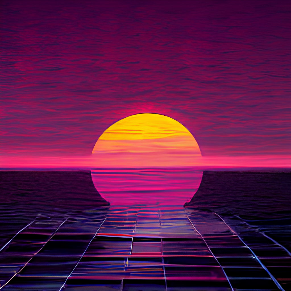 A synthwave style sunset above the reflecting water of the sea, digital art