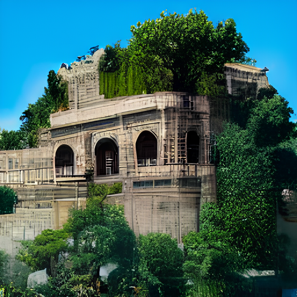The Hanging Gardens of Babylon in the middle of a city, in the style of Dalí