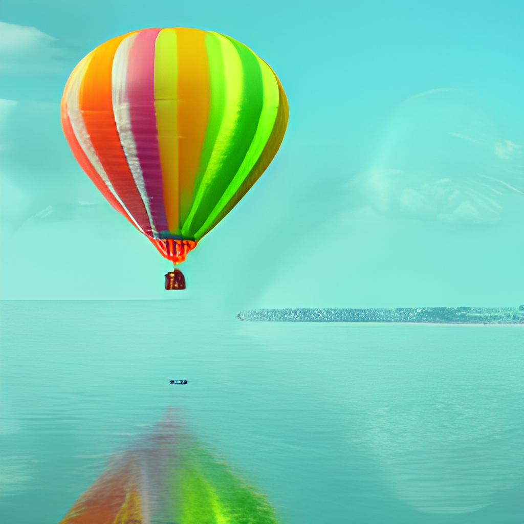 a 3D render of a rainbow colored hot air balloon flying above a reflective lake