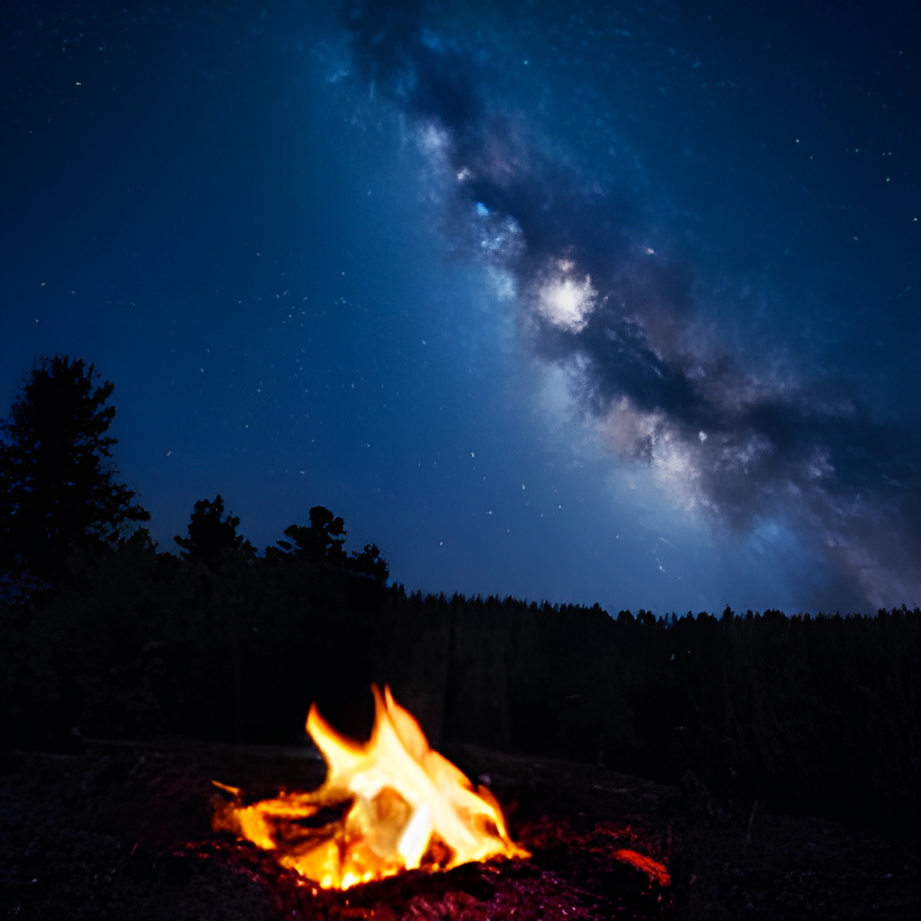 a campfire in the woods at night with the milky-way galaxy in the sky