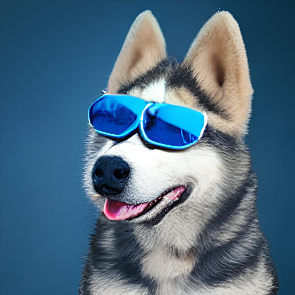 a husky dog wearing a hat with sunglasses