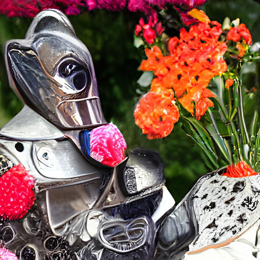 a knight made of beautiful flowers and fruits by Rachel ruysch in the style of Syd brak