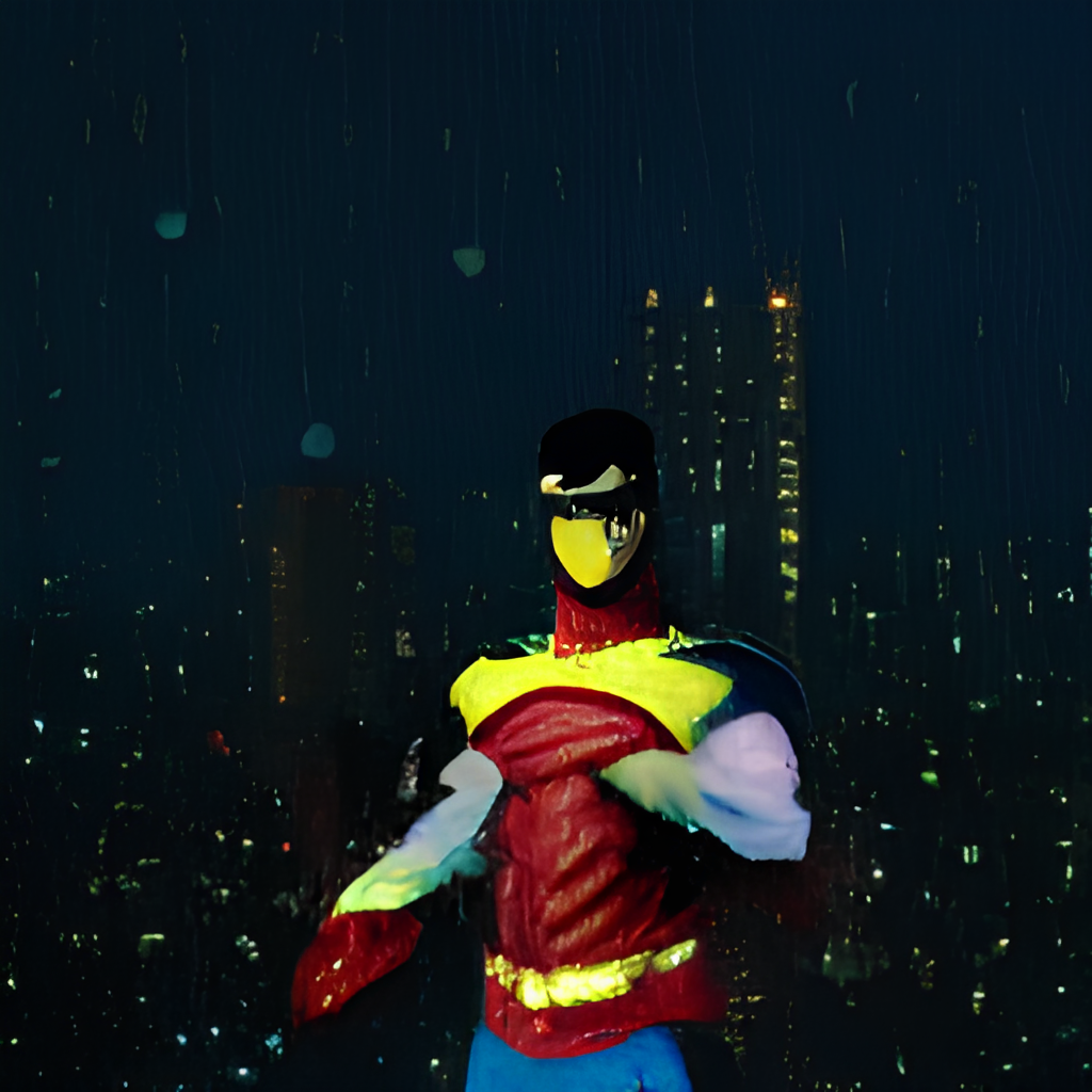 a rainy night with a superhero perched above a city, in the style of a comic book