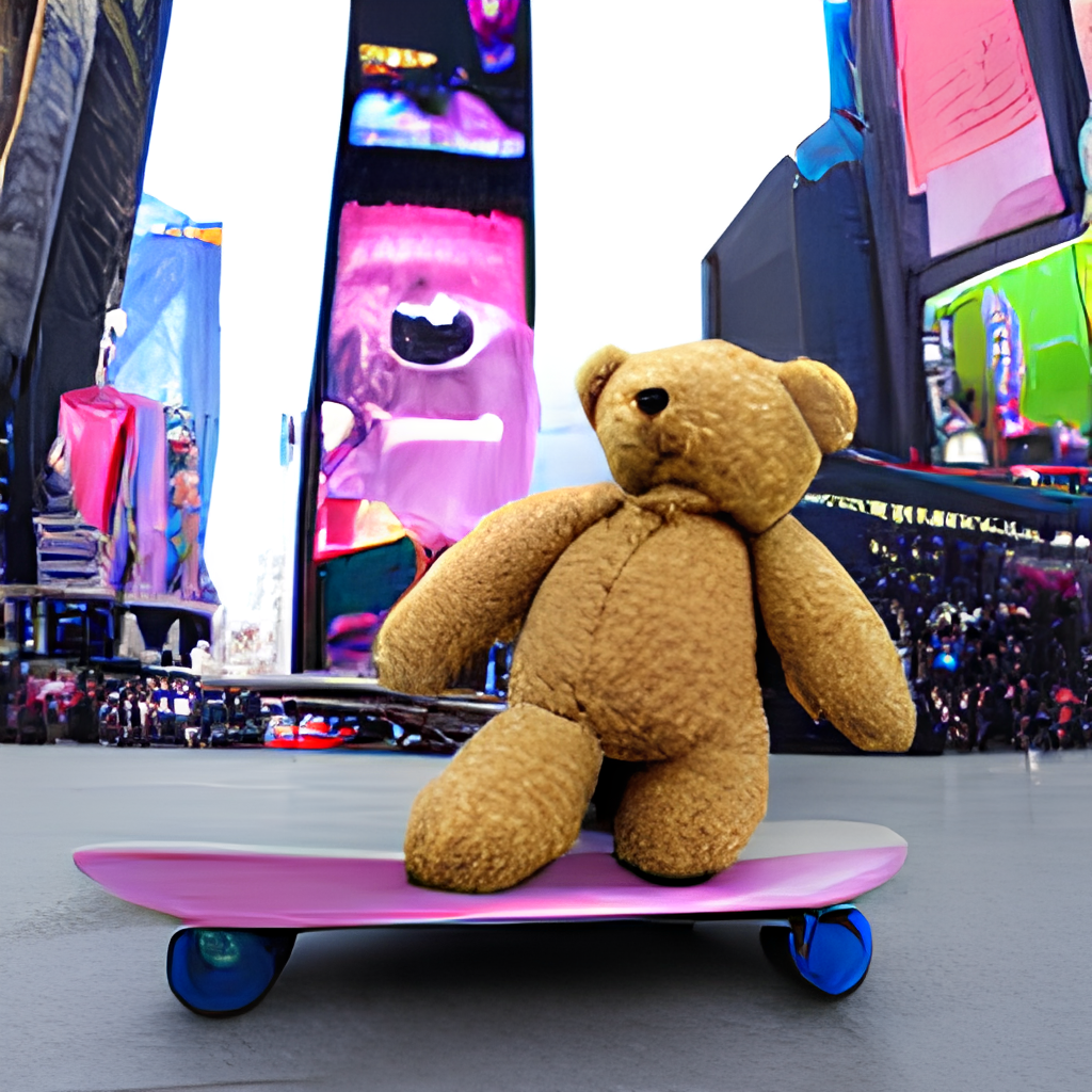 a teddy bear on a skateboard in Times Square 