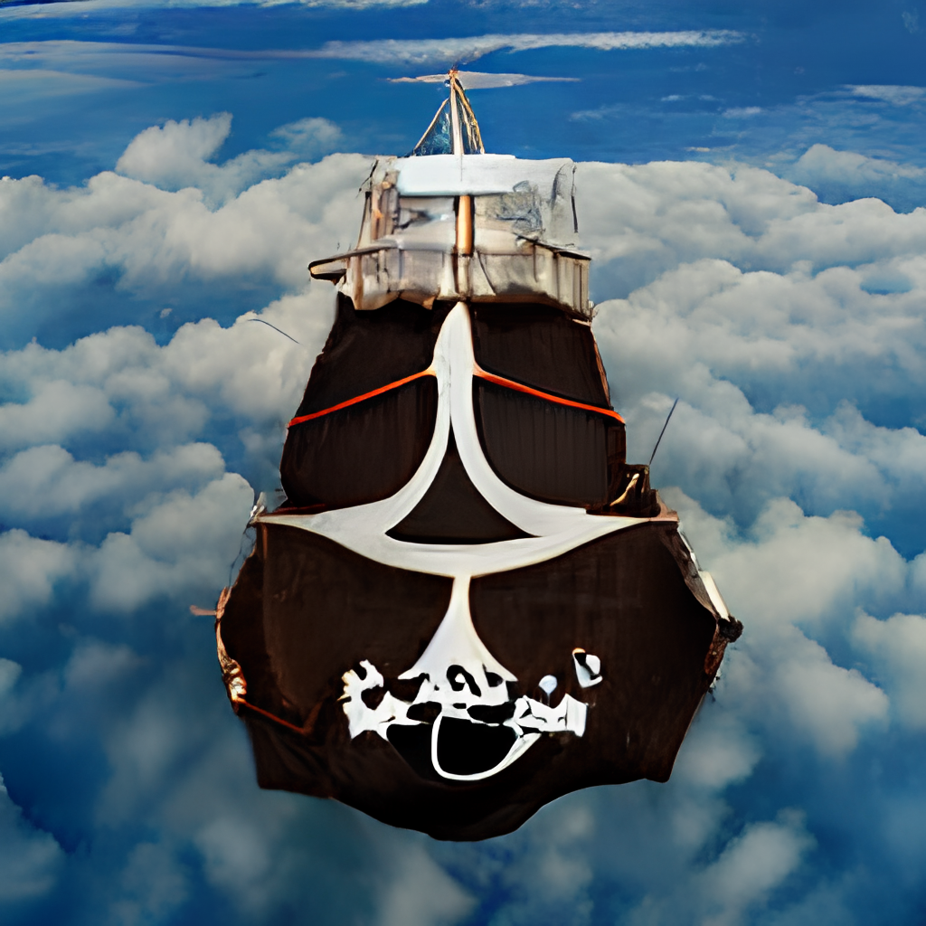 a top view of a pirate ship sailing on the clouds