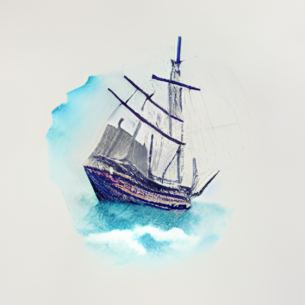 a watercolour painting of a top view of a pirate ship sailing on the clouds