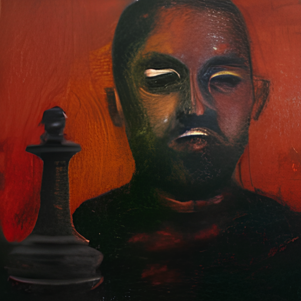 an medieval oil painting of Kanye west feels satisfied while playing chess in the style of Expressionism