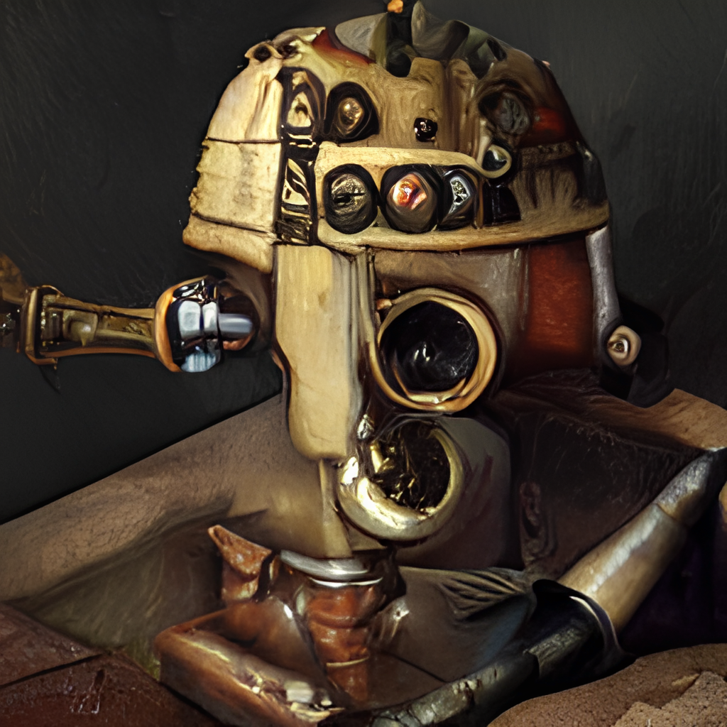 an oil painting of a medieval cyborg automaton made of magic parts and old steampunk mechanics