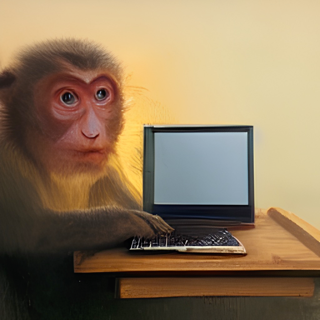 an oil painting of monkey using computer