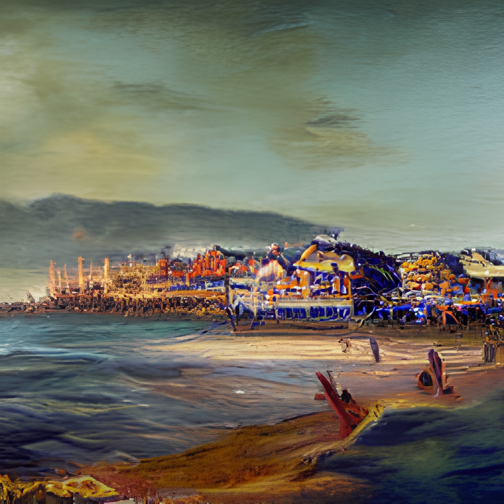 an oil painting of ocean beach front in the style of Titian