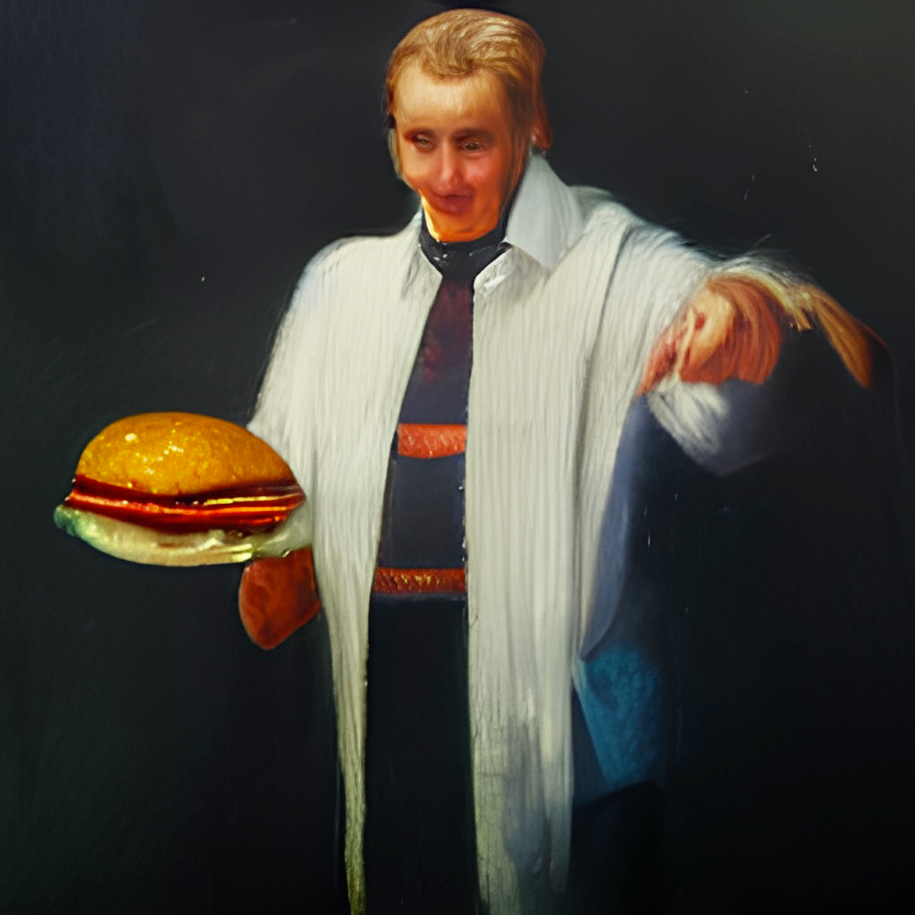 an oil painting portrait of the regal Burger King posing with a Whopper