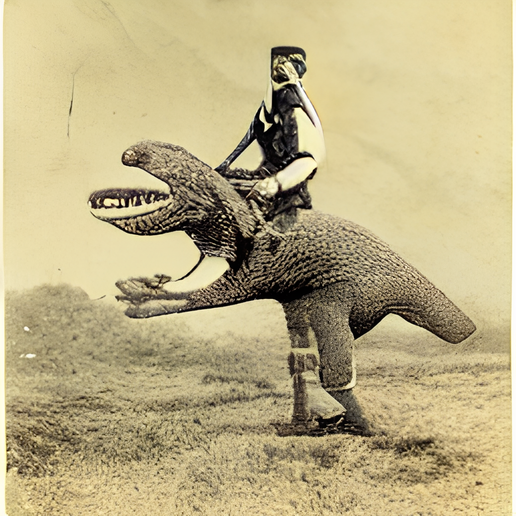 antique photo of a knight riding a T-Rex