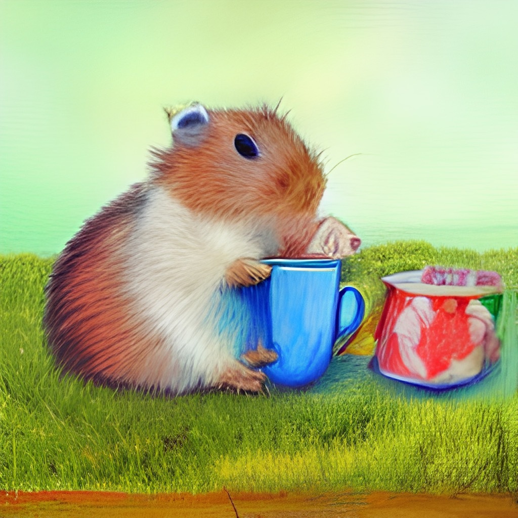 oil painting of a hamster drinking tea outside