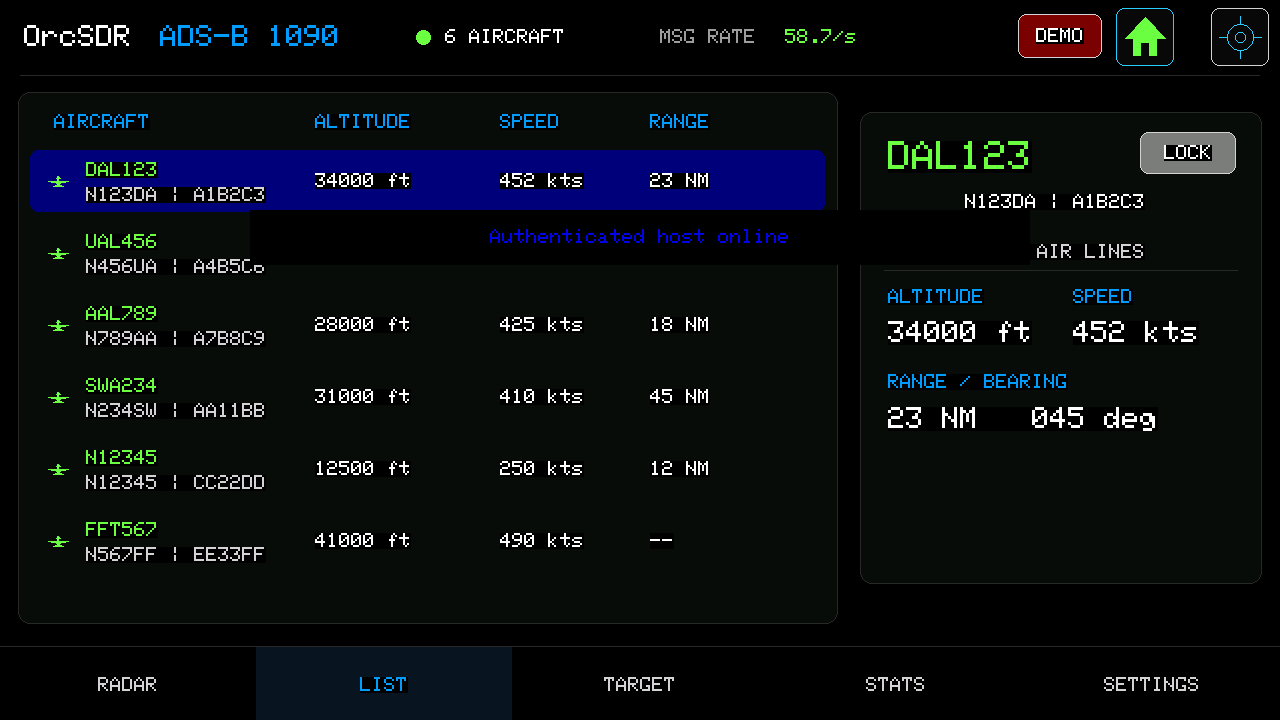 ADS-B list screen