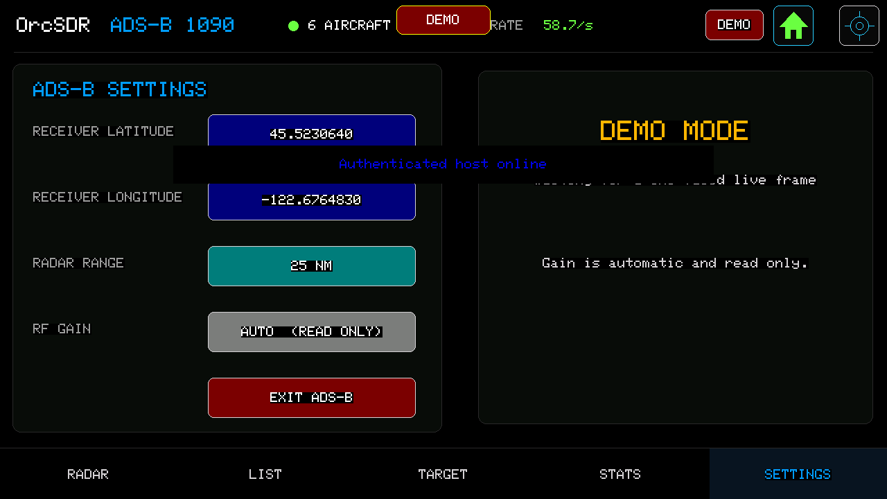 ADS-B settings screen
