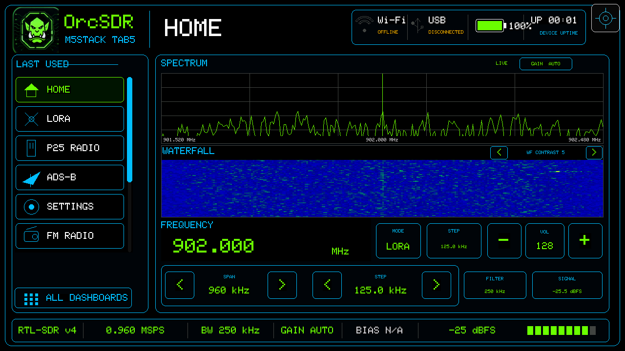 OrcSDR Home screen