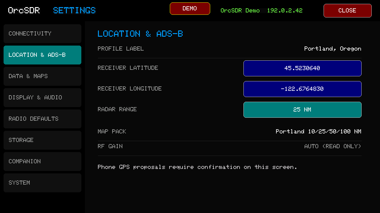 Location and ADS-B settings